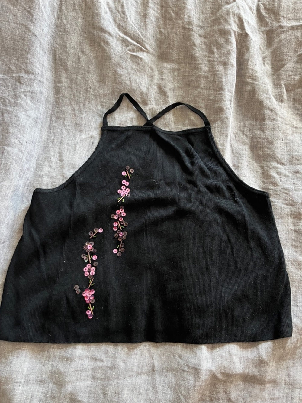 Black Halter Camisole with Pink Sequin Floral Detail